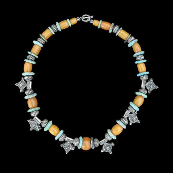 Necklace with Silver Boghdad Crosses, Turquoise, and Phenolic Amber Beads