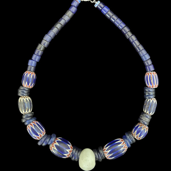 Necklace with Eight Chevron Beads, and Dogon Cobalt Blue Beads and Central Wound Dogon "Egg" Trade Bead.